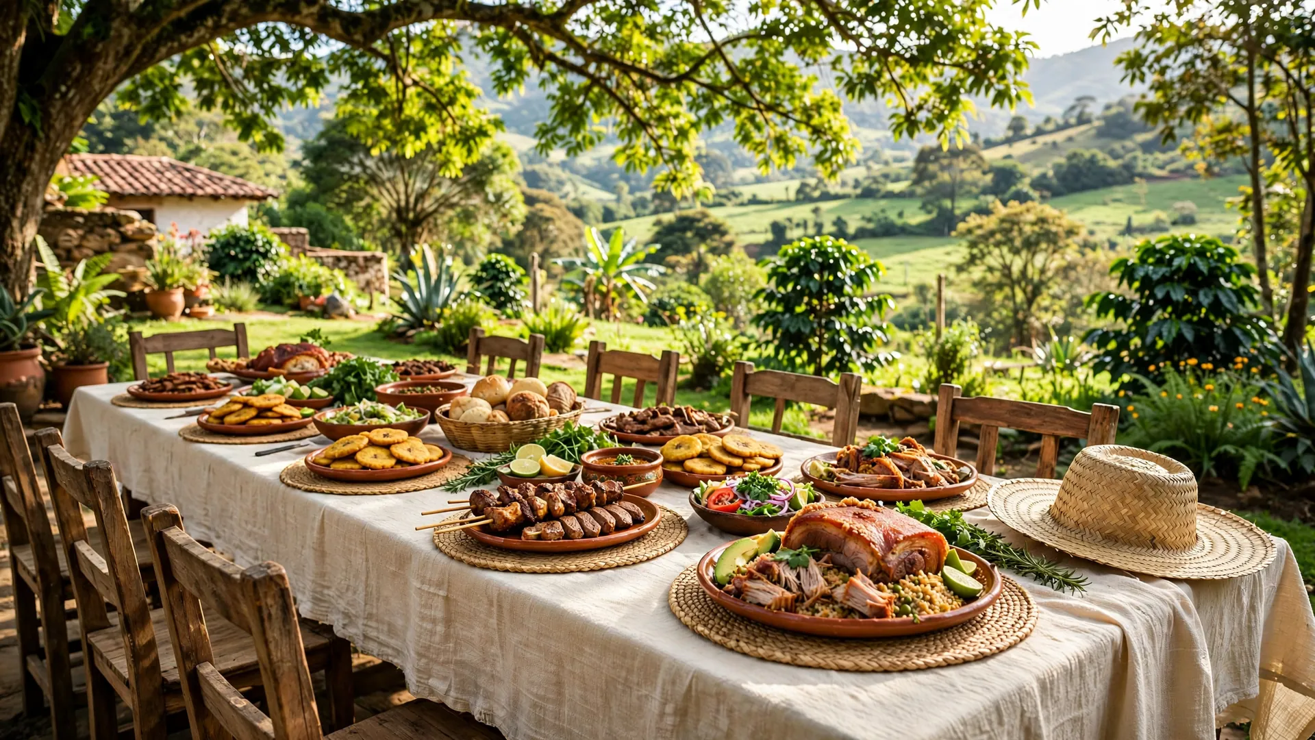 A long outdoor event table under a tree in a green garden