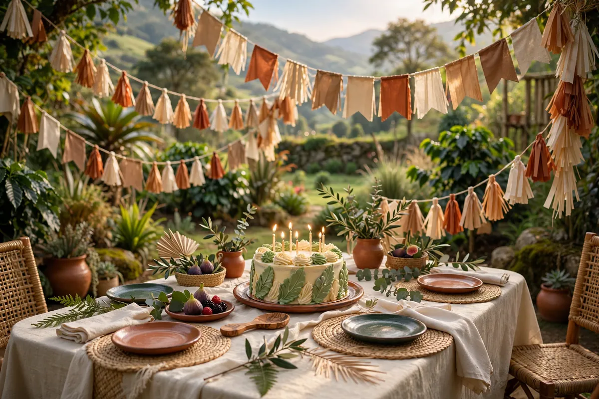 A birthday cake on a decorated table