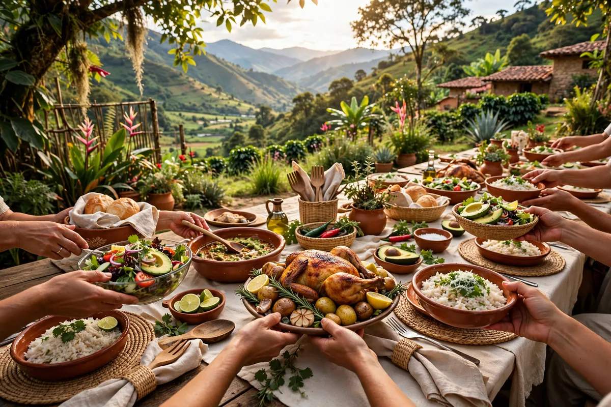 Hands passing dishes at a family table