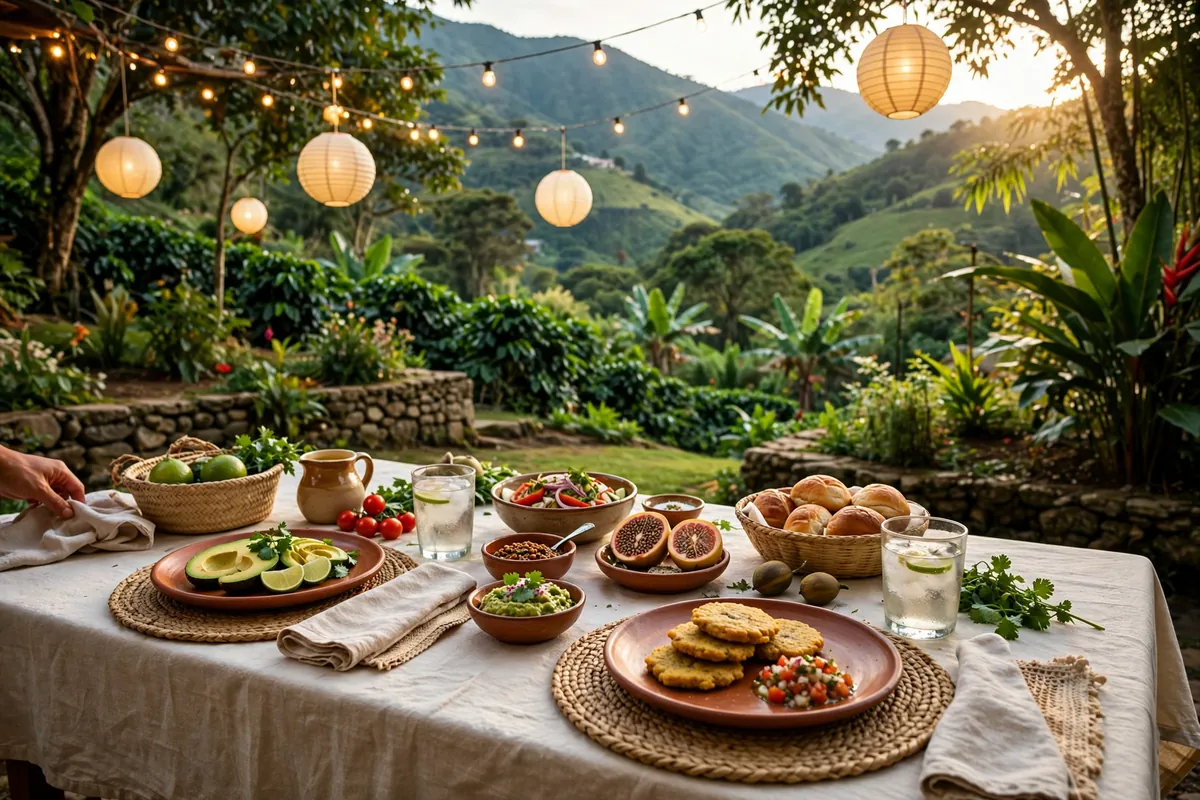 Lanterns over a set table at dusk