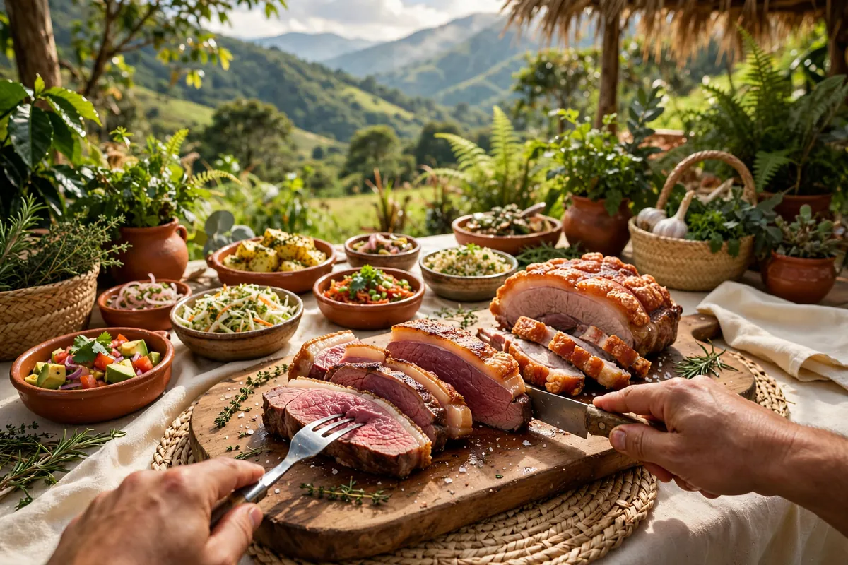 Hands carving roast meat at a station