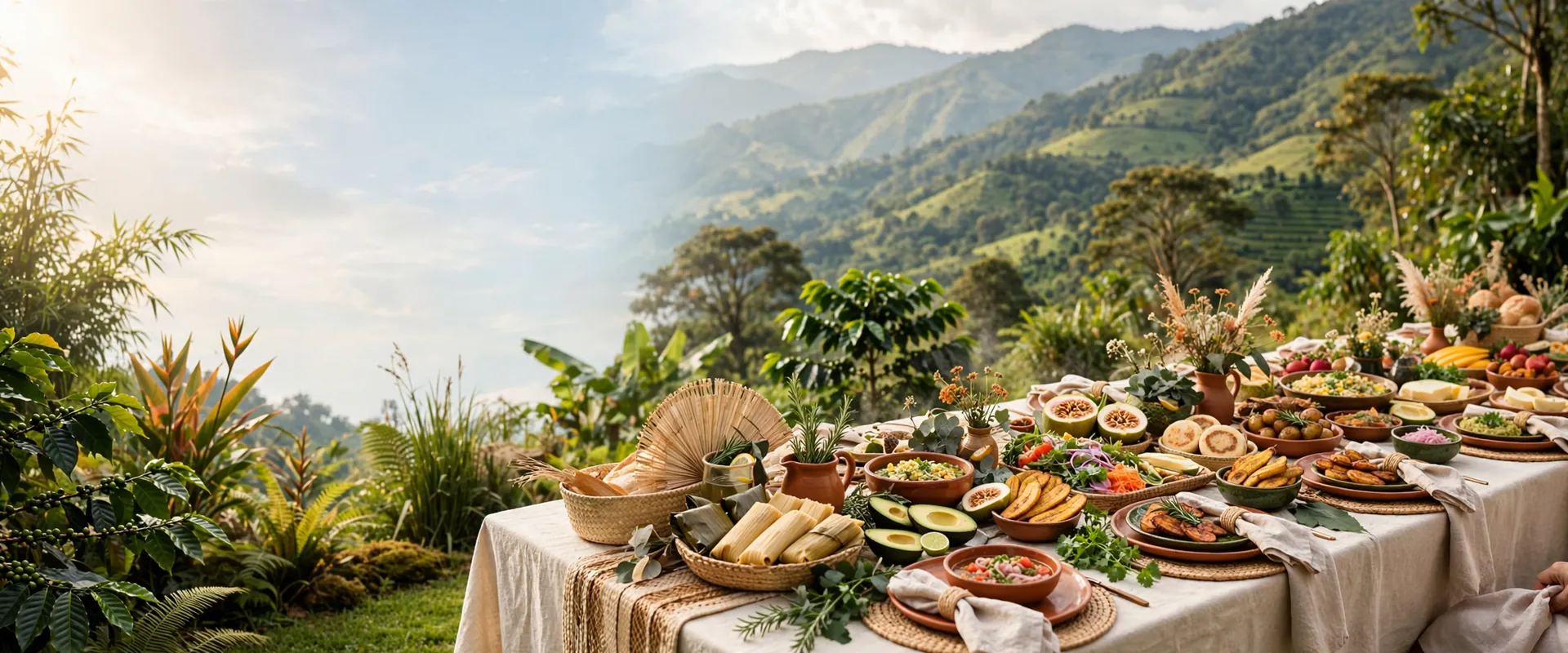 A long celebration table with mountains behind